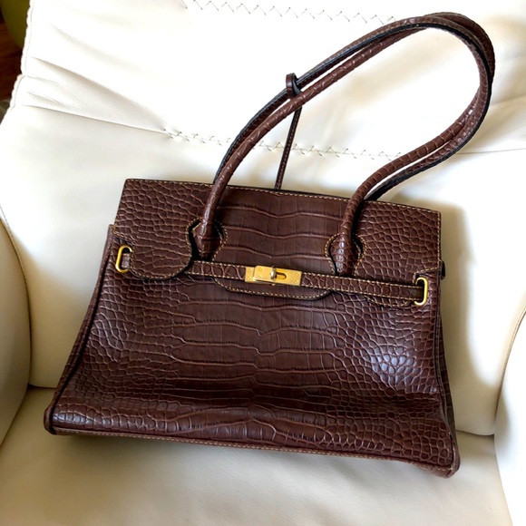 Handbags - Brown leather vintage croc print leather handbag